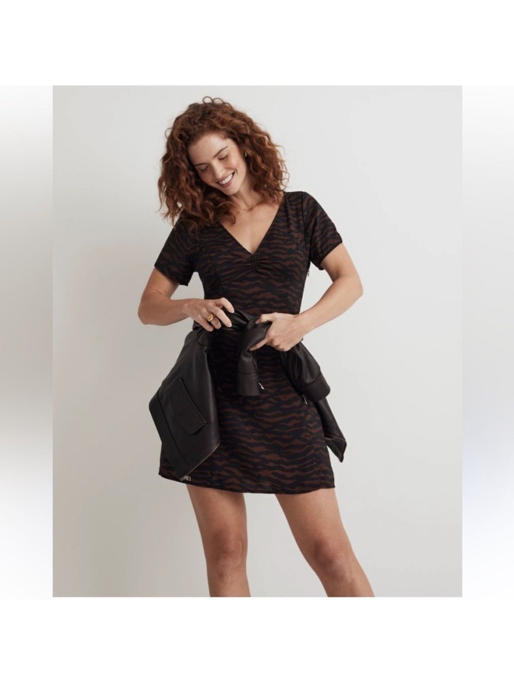 Madewell V-Neck Short Sleeve Mini Dress in Black and Brown Tiger-Stripe